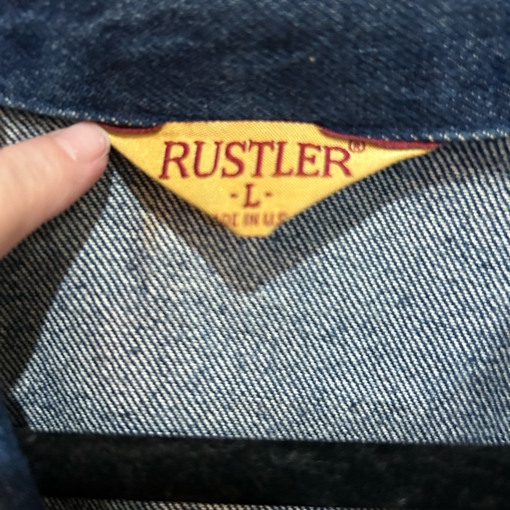 Rustler Blue Country Cowboy Denim Patches Jean Jacket Large - Picture 2 of 5